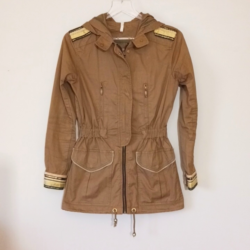 Willow and Clay Khaki Green Cotton Cargo Utility Anorak Hooded Jacket, Size S
